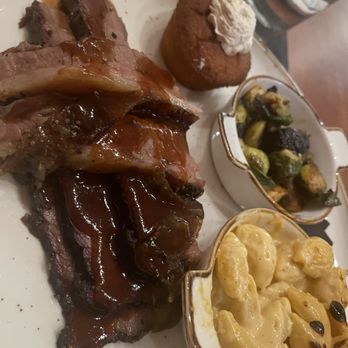 Taino Smokehouse Prime - Brisket with brussel sprouts and Mac and cheese with a cornbread muffin - Barbeque Near Me - Meriden, Connecticut Taino Smokehouse Prime - Brisket with brussel sprouts and Mac and cheese with a cornbread muffin - Barbeque Near Me - Meriden, Connecticut