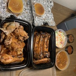 M & M BBQ - Bone in BBQ Platter coleslaw and baked beans sides with corn bread.