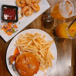 The Barrel Room - Jumbo Shrimps and Hot Honey Chicken Sandwich