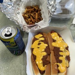 Riverside Grill & Chill - Chili cheese dogs, fries, drink, and vanilla custard pie. Freaking amazing and HUGE!