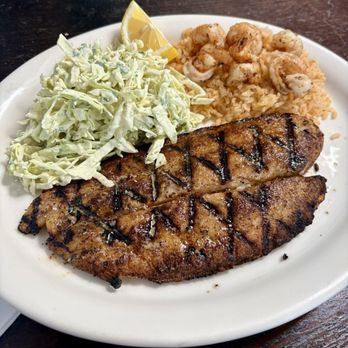 Villalobos Kitchen - Grilled Bass Fish (menu special) with butterflied shrimp, rice, and cole slaw - Seafood Near Me - Long Beach, California