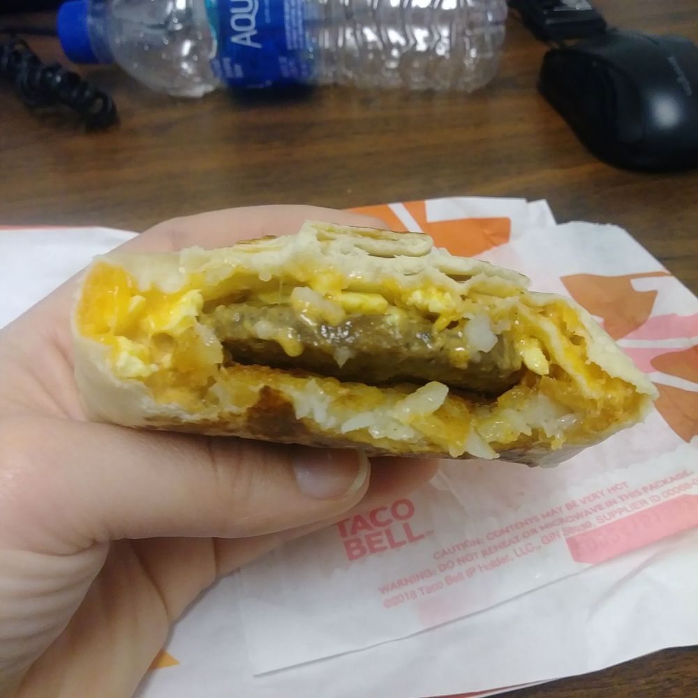 Inside of Breakfast sausage Crunchwrap Inside of Breakfast sausage Crunchwrap