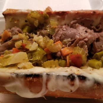 Gigio's Pizzeria - Italian beef with cheese & hot giardiniera peppers on a garlic French bread - Pizza Near Me - Des Plaines, Illinois Gigio's Pizzeria - Italian beef with cheese & hot giardiniera peppers on a garlic French bread - Pizza Near Me - Des Plaines, Illinois