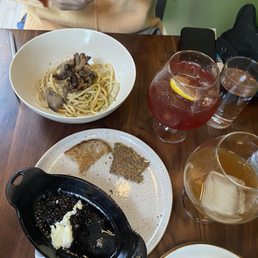 Bucatini, our two cocktails, and the remnants of the melted cheese plate. DELICIOUS. Bucatini, our two cocktails, and the remnants of the melted cheese plate. DELICIOUS.