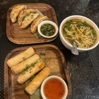 Songkran Thai Kitchen - Pork dumplings, Veggie Spring Rolls (Por Pia Tod), Spicy Lemongrass Broth (Tom Yum Goong) - Thai Near Me - Houston, Texas