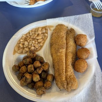 Uncle Larry's - 1 piece catfish plate with white beans and fired okra. - Desserts Near Me - Chattanooga, Tennessee