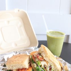 Island Corner Cafe - TBA sandwich on focaccia bread  Matcha Mania smoothie!