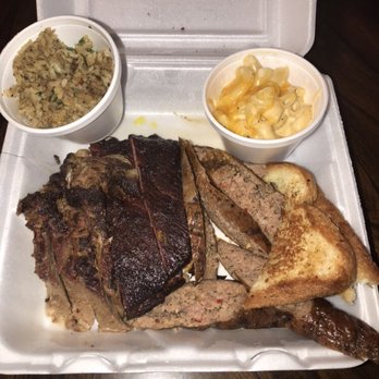 Ray's Real Pit BBQ Shack - Three Meat Plate with Dirty Rice and Macaroni & Cheese - Barbeque Near Me - Houston, Texas