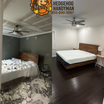 Hedgehog Handyman - Before and after bedroom renovation featuring smooth walls, fresh paint, and a refinished white ceiling. In Columbia SC - Handyman Near Me - Columbia, South Carolina Hedgehog Handyman - Before and after bedroom renovation featuring smooth walls, fresh paint, and a refinished white ceiling. In Columbia SC - Handyman Near Me - Columbia, South Carolina