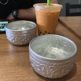 Muay Thai Kitchen - Water (look how fabulous the cups are!) & Thai tea with boba - Thai Near Me - San Marcos, California Muay Thai Kitchen - Water (look how fabulous the cups are!) & Thai tea with boba - Thai Near Me - San Marcos, California