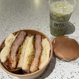 pork katsu sando, sweet potato dorayaki, iced osmanthus matcha latte pork katsu sando, sweet potato dorayaki, iced osmanthus matcha latte