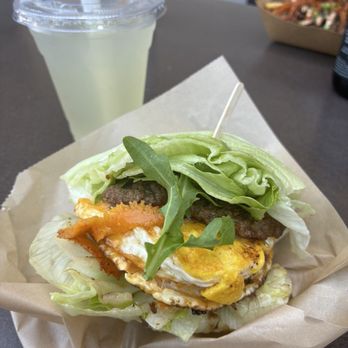 Mom's List - Egg burger , lettuce wrapped , great for high protein diet , delicious caramelized onions , with an added patty - American Near Me - Culver City, California Mom's List - Egg burger , lettuce wrapped , great for high protein diet , delicious caramelized onions , with an added patty - American Near Me - Culver City, California
