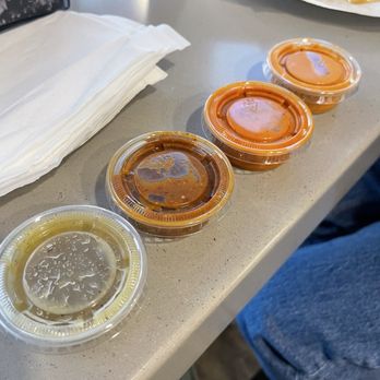 Tacos 65 - Salsa's left to right mildest to hottest - Tacos Near Me - Sacramento, California Tacos 65 - Salsa's left to right mildest to hottest - Tacos Near Me - Sacramento, California