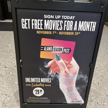 Alamo Drafthouse Cinema - An offer for a free month of Alamo Drafthouse Season Pass. Unfortunately for me, it's only available to new customers. - Cinema Near Me - Arlington, Virginia Alamo Drafthouse Cinema - An offer for a free month of Alamo Drafthouse Season Pass. Unfortunately for me, it's only available to new customers. - Cinema Near Me - Arlington, Virginia