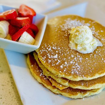 Cracked & Crepe - Buttermilk Pancakes (Stack of 3) With a side of Strawberries and Bananas - Breakfast & Brunch Near Me - Frisco, Texas Cracked & Crepe - Buttermilk Pancakes (Stack of 3) With a side of Strawberries and Bananas - Breakfast & Brunch Near Me - Frisco, Texas