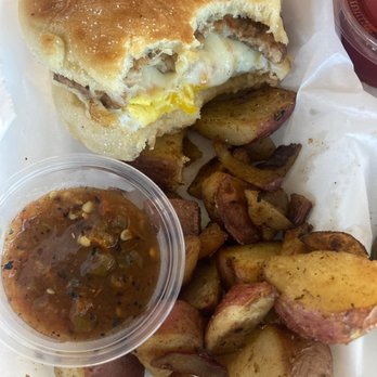 A & R Bakery - Sausage breakfast sandwich with potatoes and house-made salsa! - Bakeries Near Me - Blythe, California
