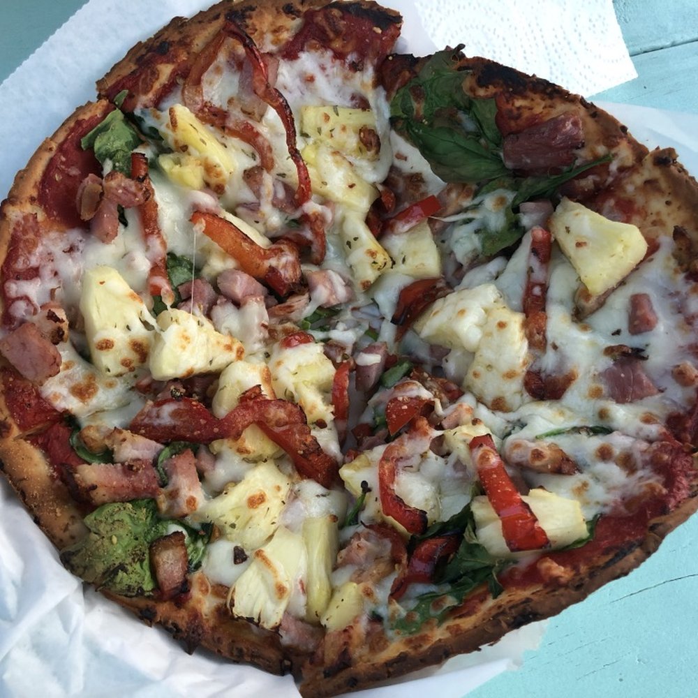 Pizza And Amore - Aloha pizza on gluten free crust, with sweet peppers substituted for banana peppers. - Food Trucks Near Me Pizza And Amore - Aloha pizza on gluten free crust, with sweet peppers substituted for banana peppers. - Food Trucks Near Me