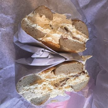 Bagel Guild - Four cheese bagel with double spicy pepper cream cheese and bacon ($9.36) - Bagels Near Me - Boston, Massachusetts