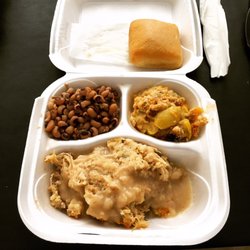 Home Plate Cooking - Chicken and dressing, squash casserole, black-eyed peas, yeast roll