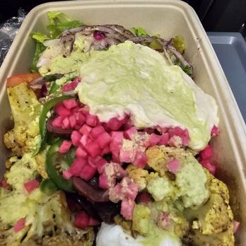 NAYA - Vegan cauliflower bowl with everything minus eggplant plus verde salsa - Mediterranean Near Me - New York, New York NAYA - Vegan cauliflower bowl with everything minus eggplant plus verde salsa - Mediterranean Near Me - New York, New York