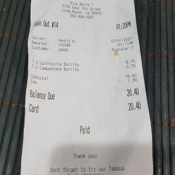 Blue Burro - Our receipt from Jan 01, 2021 - Salad Near Me - Long Beach, California