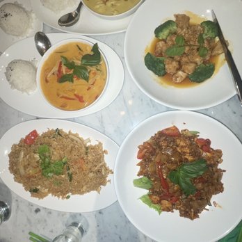 Asian Mint - shrimp red curry(4 spice), chicken yellow curry(4 spice), orange chicken, chicken house fried rice(3 spice), pad see ew(4 spice) all bland - Asian Fusion Near Me - Dallas, Texas