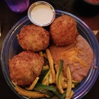 T Blanco's - 3 shrimp-stuffed fried avocados with mixed veggies and beans. - Mexican Near Me - Longview, Texas T Blanco's - 3 shrimp-stuffed fried avocados with mixed veggies and beans. - Mexican Near Me - Longview, Texas