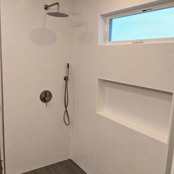 Steve-O Designs - White matte hexagon tile, shampoo niche with marble edging - General Contractors Near Me - San Diego, California