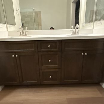 5 Stars Home Remodeling - New vanity designed and custom built by Levy's team. The team picked a gorgeous stone top for the vanity. - General Contractors Near Me 5 Stars Home Remodeling - New vanity designed and custom built by Levy's team. The team picked a gorgeous stone top for the vanity. - General Contractors Near Me