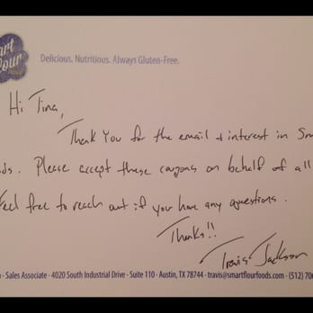 Smart Flour Foods - Handwritten note with the coupons I requested - Gluten-Free Near Me - Austin, Texas Smart Flour Foods - Handwritten note with the coupons I requested - Gluten-Free Near Me - Austin, Texas