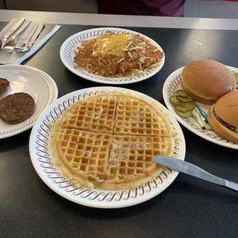 Waffle House - Fort Mill - Waffle ($3.95), 2 Angus Cheeseburgers ($2.00 each) Side order: sausages ($3) and an order of hash browns covered ($3.50) - Breakfast & Brunch Near Me - Fort Mill, South Carolina