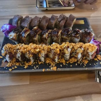 Touken Sushi - Texas Roll (back), Unagi Roll (middle), Crunch Roll (front) - Sushi Bars Near Me - Lake Mary, Florida Touken Sushi - Texas Roll (back), Unagi Roll (middle), Crunch Roll (front) - Sushi Bars Near Me - Lake Mary, Florida