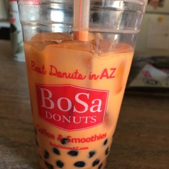Bosa Donuts - Thai Tea Iced Boba (large 24 oz.) hard boba and super sweet tea. Disappointed. - Donuts Near Me - Mesa, Arizona Bosa Donuts - Thai Tea Iced Boba (large 24 oz.) hard boba and super sweet tea. Disappointed. - Donuts Near Me - Mesa, Arizona