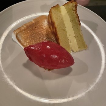 Scales - Lemon olive oil cake with a raspberry citrus sorbet - Seafood Near Me - Portland, Maine Scales - Lemon olive oil cake with a raspberry citrus sorbet - Seafood Near Me - Portland, Maine