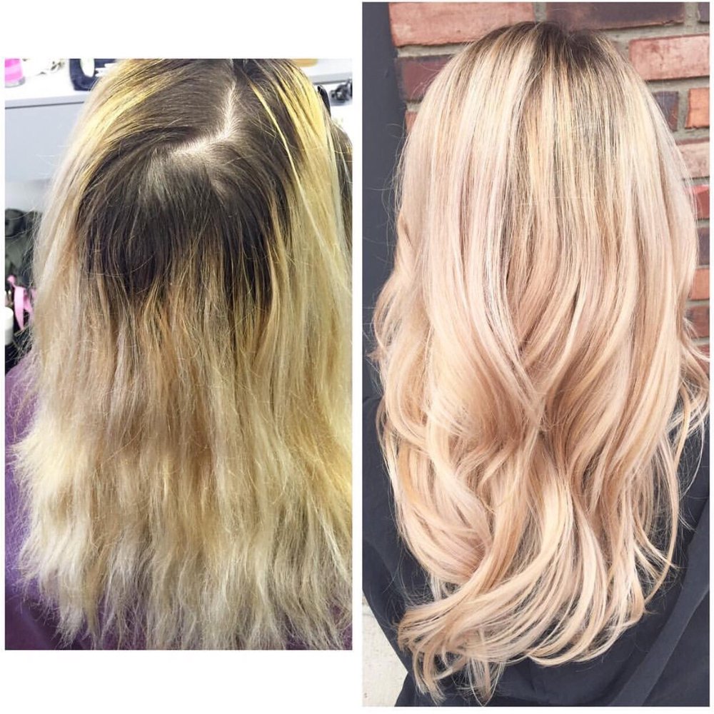 Left is my brassy, uneven dye job and the right is my final product. I wanted a rooty, cool light blonde--got exactly what I wished for!