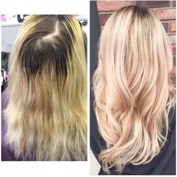 Fuze Hair Studio - Left is my brassy, uneven dye job and the right is my final product. I wanted a rooty, cool light blonde--got exactly what I wished for! - Blow Dry/Out Services Near Me - Haddon Township, New Jersey