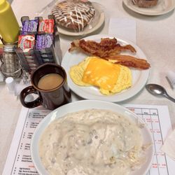 Sunrise Diner - 1/2 order biscuits and gravy with eggs and cheese and bacon coffee is good