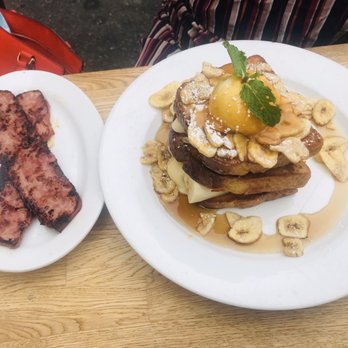 Green Eggs Cafe - Salted Caramel Banana Stuffed French Toast and turkey bacon - Breakfast & Brunch Near Me - Philadelphia, Pennsylvania Green Eggs Cafe - Salted Caramel Banana Stuffed French Toast and turkey bacon - Breakfast & Brunch Near Me - Philadelphia, Pennsylvania