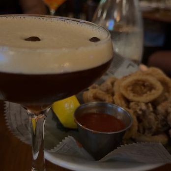 Quartino Ristorante - Espresso Martini (virgin) and fried calamari - Italian Near Me - Chicago, Illinois Quartino Ristorante - Espresso Martini (virgin) and fried calamari - Italian Near Me - Chicago, Illinois