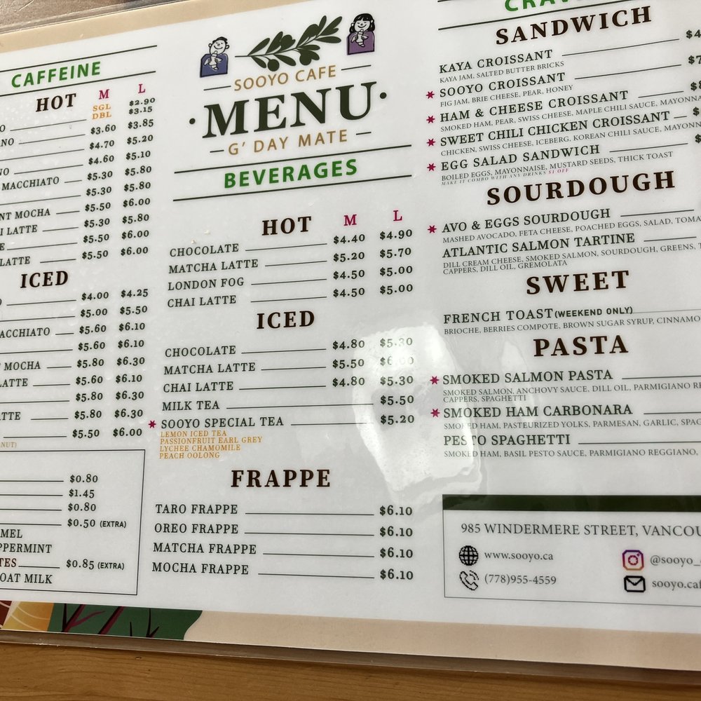 Sooyo Cafe - menu - Cafes Near Me - Vancouver, British Columbia