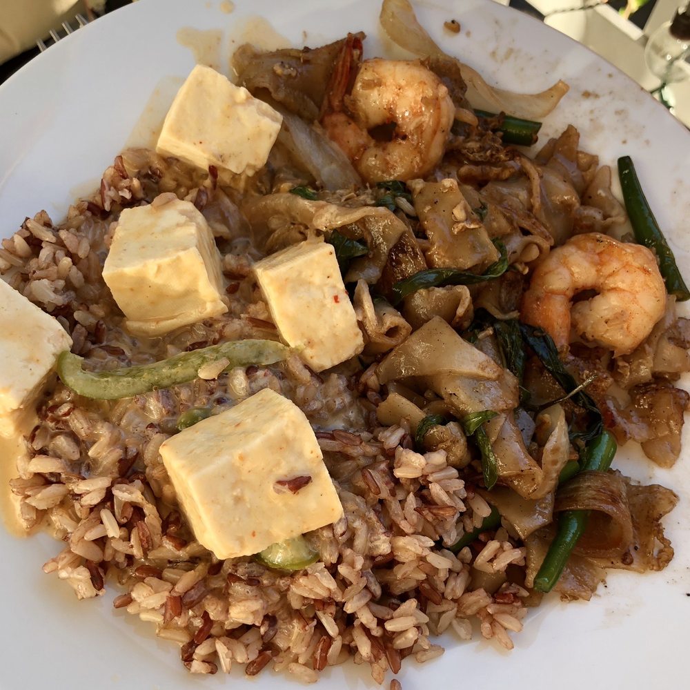 90 Degrees Bangkok Cafe and Bar - Pad Khee Mao Noodles (soft tofu), Penang Curry (Prawns) + Brown Rice - Thai Near Me - Bothell, Washington 90 Degrees Bangkok Cafe and Bar - Pad Khee Mao Noodles (soft tofu), Penang Curry (Prawns) + Brown Rice - Thai Near Me - Bothell, Washington