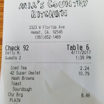 Mia's Country Kitchen - Receipt from our meal - Coffee & Tea Near Me - Hemet, California