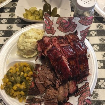 The Drunken Chicken - Two meat plate, brisket and pork ribs (Friday), potato salad, green beans and corn. - Chicken Shop Near Me - Mission, Texas The Drunken Chicken - Two meat plate, brisket and pork ribs (Friday), potato salad, green beans and corn. - Chicken Shop Near Me - Mission, Texas
