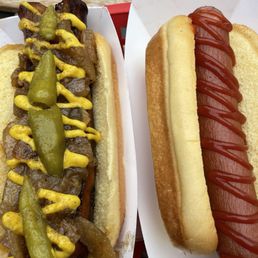 Spicy Italian hotdog and regular hotdog.