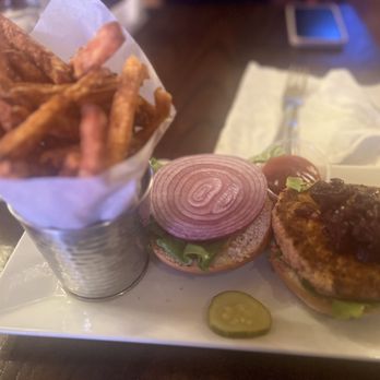 Harlem Tavern - Salmon Burger Brunch with Sweet Potato Fries - Pubs Near Me - New York, New York Harlem Tavern - Salmon Burger Brunch with Sweet Potato Fries - Pubs Near Me - New York, New York