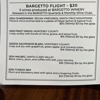 Bargetto Winery - Bargetto flight menu $20 - Wineries Near Me - Soquel, California Bargetto Winery - Bargetto flight menu $20 - Wineries Near Me - Soquel, California