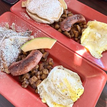 The Red Cabin - All American Quattro. Home fries, eggs, French toast/pancajes, kielbasa and cantaloupe - Breakfast & Brunch Near Me - South Windsor, Connecticut The Red Cabin - All American Quattro. Home fries, eggs, French toast/pancajes, kielbasa and cantaloupe - Breakfast & Brunch Near Me - South Windsor, Connecticut