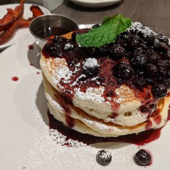 Friedman's - Blueberry GF pancakes and a side of bacon - Breakfast & Brunch Near Me - New York, New York