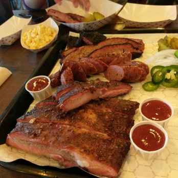 CorkScrew BBQ - Moist brisket with some extra burnt ends, pork spare ribs, sausage and mac 'n' cheese... Yum! - Barbeque Near Me - Spring, Texas