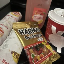 Cheesesteak sub, turkey sub, strawberry smoothie, strawberry lemonade, gummy bears. Cheesesteak sub, turkey sub, strawberry smoothie, strawberry lemonade, gummy bears.